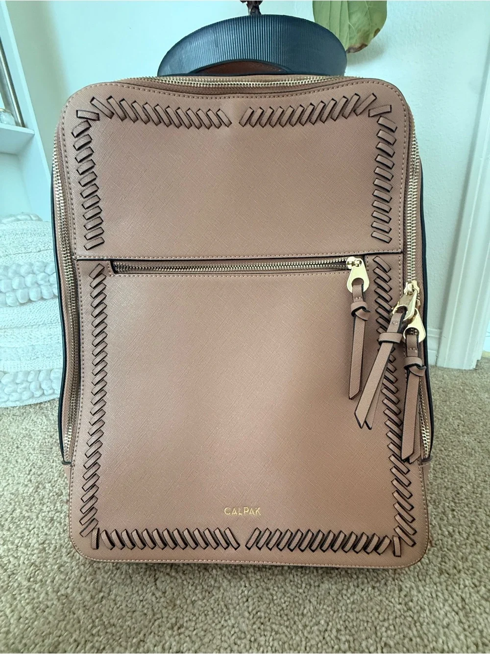 Calpak Rose Tan Backpack with Whipstitch Trim